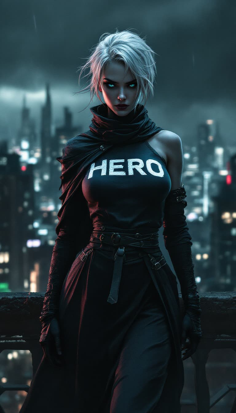 AI generated: Digital artwork, concept art, a female ninja with "HERO" logo on her chest, standing on rooftop with...