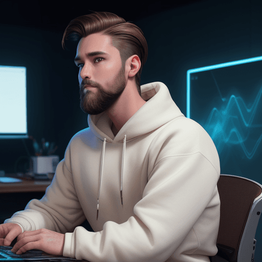 AI generated: RAW photo, male, 30s, gelled brown hair, small beard, white skin, sitting at computer desk, looking ...