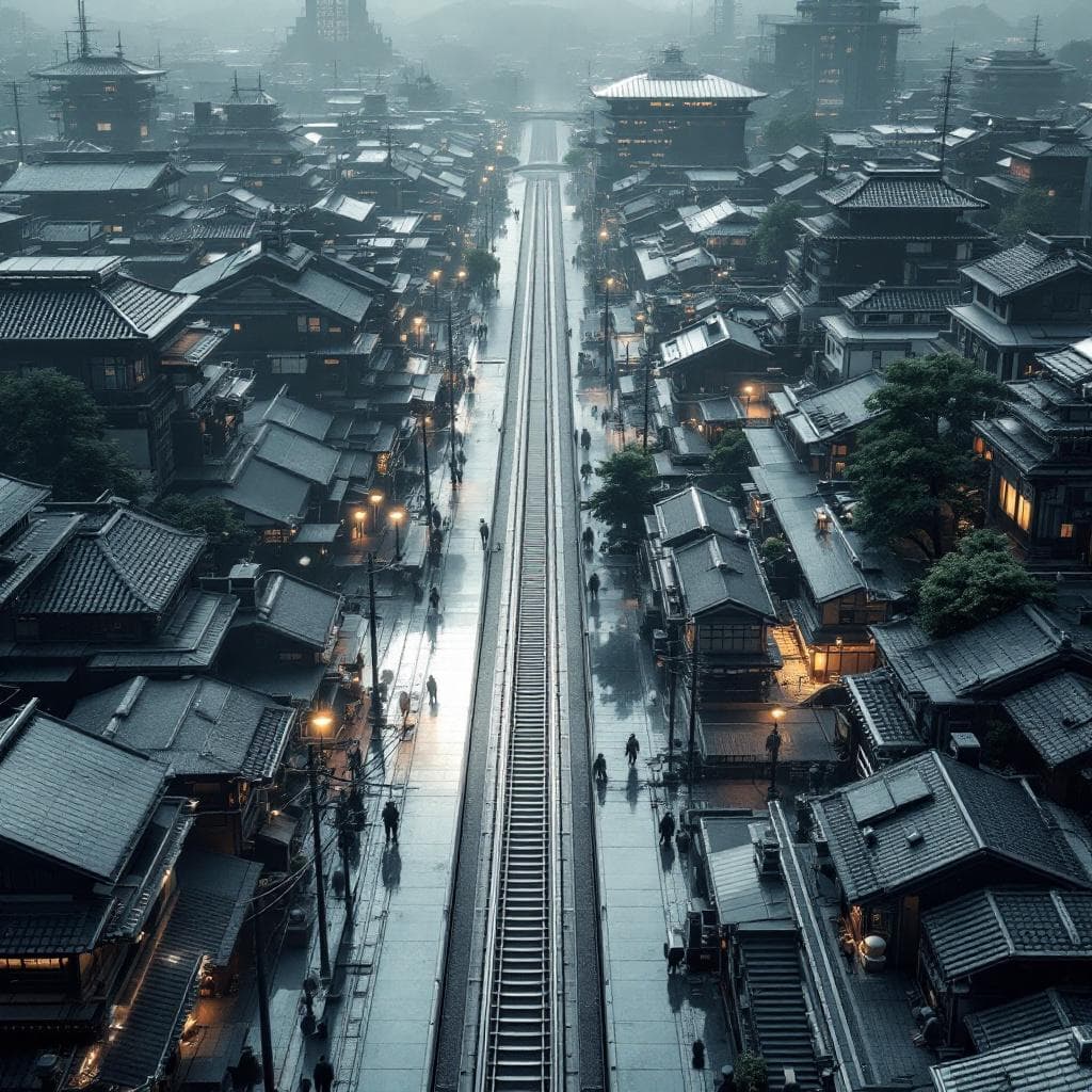 AI generated: Display an aerial view of a sleek, futuristic Old Japanese City, a reminder of the rough terrain of ...