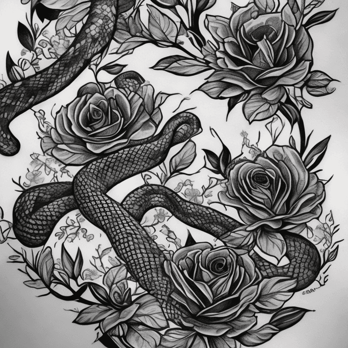 AI generated: Thigh tattoo, big snakes, flowers, black and white, leaves with black fill, smooth transitions, flor...