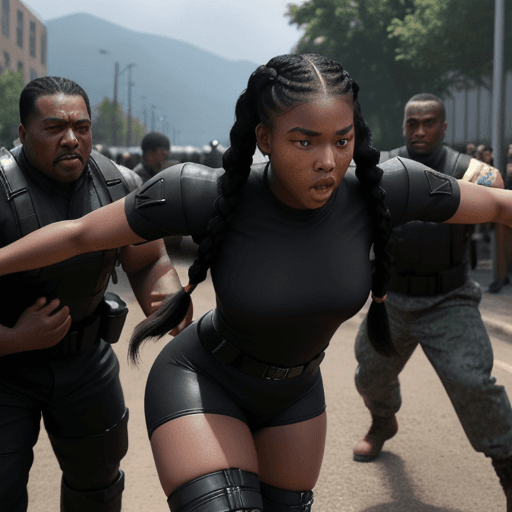 AI generated: Young black girl in braids picked up and dragged by black hefty men in black combat gear, hyper-real...