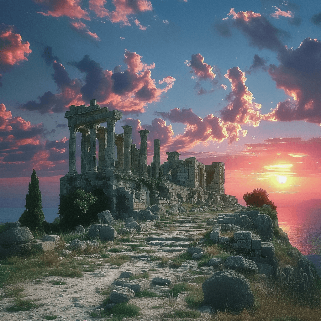 AI generated: Ruins, deserted, landscape, sunset, epic sky, cinematic, detailed., trending on artstation, sharp fo...