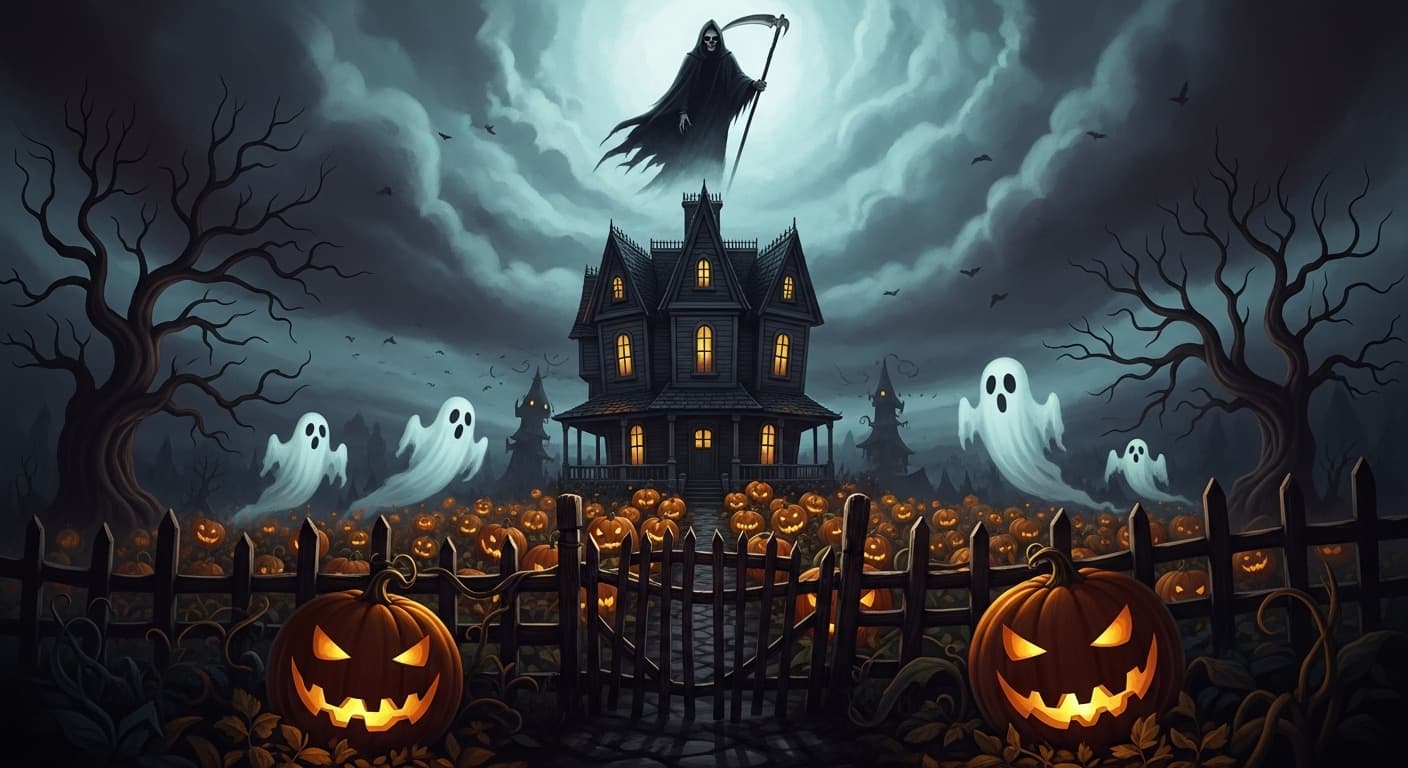 AI generated: The Grim Reaper high in the sky looking down over haunted house with ghosts floating around pumpkin ...