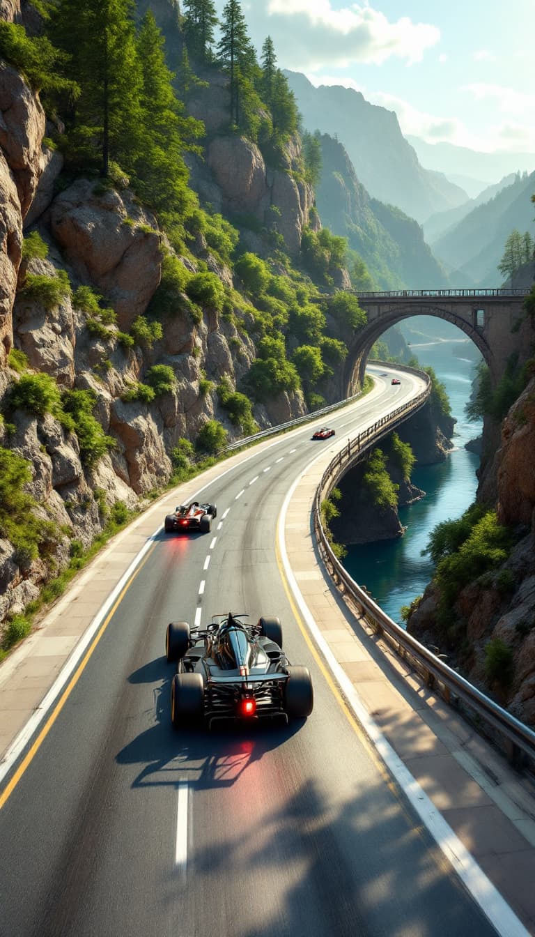 AI generated: Summer.  The front race car is racing along the race track. The route goes through flat terrain and ...