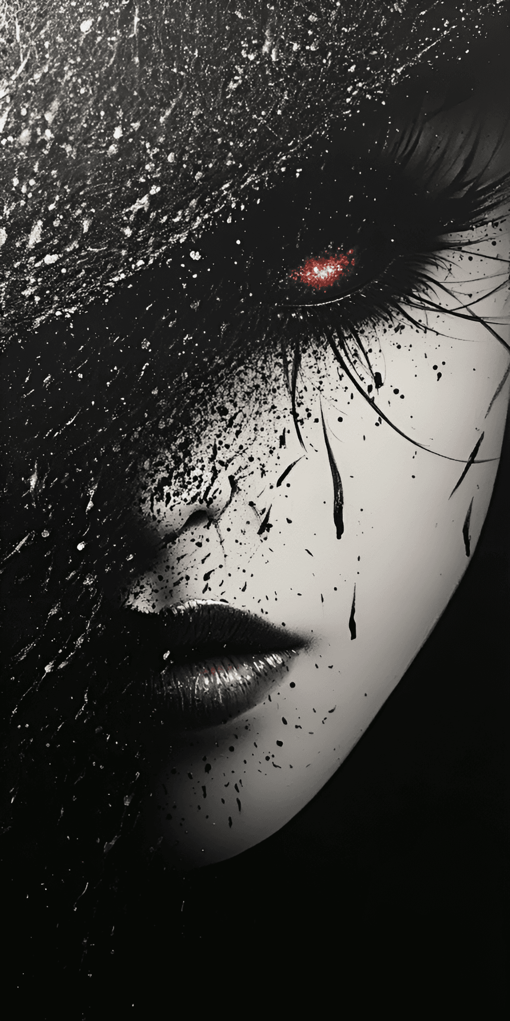 AI generated: A woman's face is partially obscured by black splatters. --ar 1:2 --style raw --v 6.1 