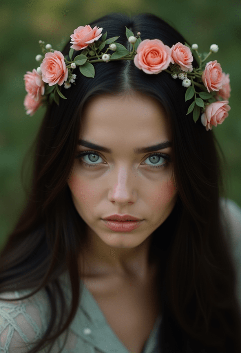 AI generated: A woman with long dark hair and a wreath of small pink flowers and green leaves adorns her head. She...