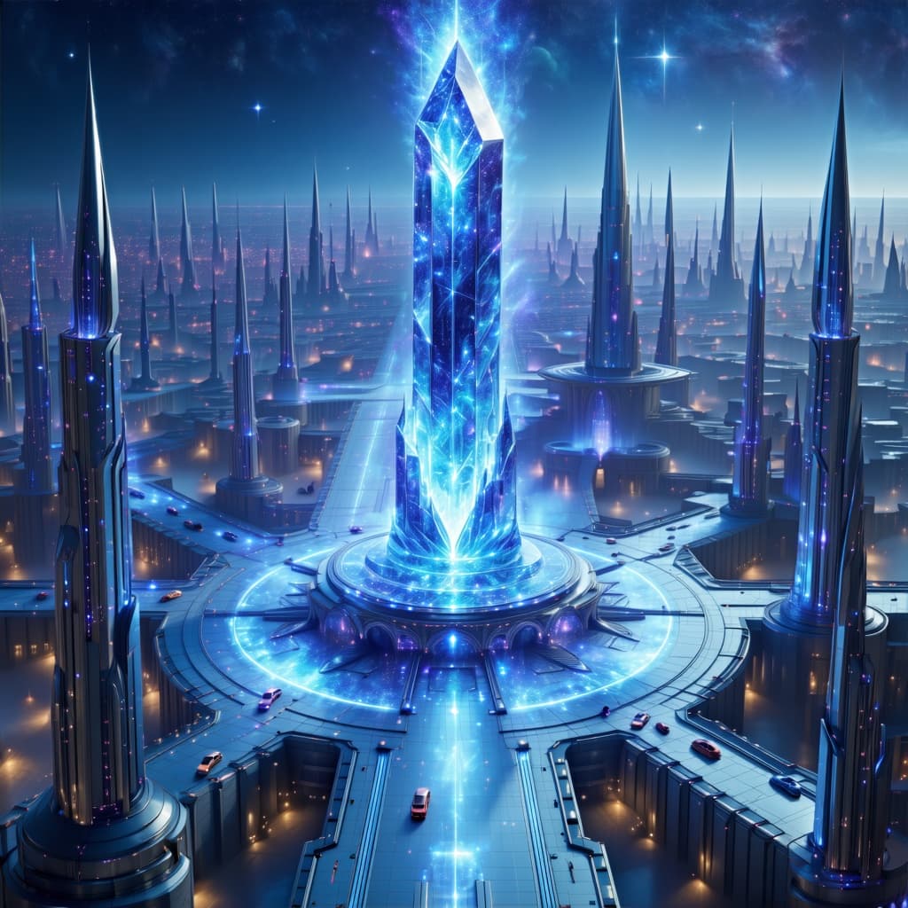 AI generated: The Aevyrnian Spire of Sentience stands at the heart of a vast Advancing intellect metropolis, a fut...