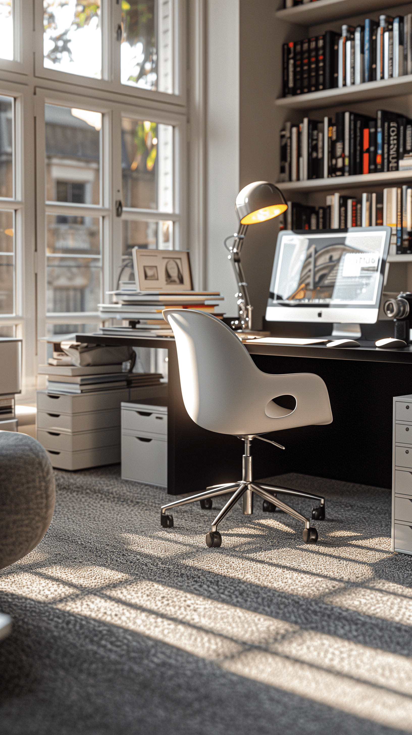 AI generated: photograph, home office, minimal, soft sunlight, warm artificial light casting, creating a warm whit...
