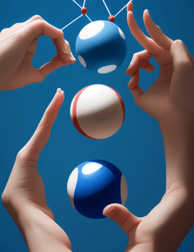 AI generated: Three balls connected by strings between two hands playing with them, with a blue background.