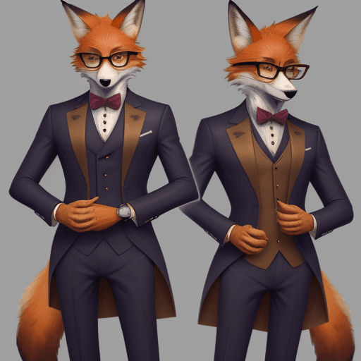 AI generated: anthro furry humanoid fox with glasses, three piece suit, checking watch,character concept design, p...