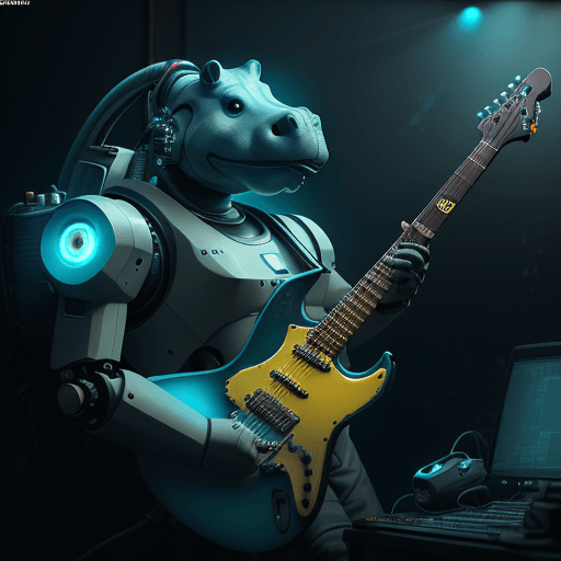 AI generated: rendering, side shot, hippo body Playing an electric guitar with complex system equipment with hyper...