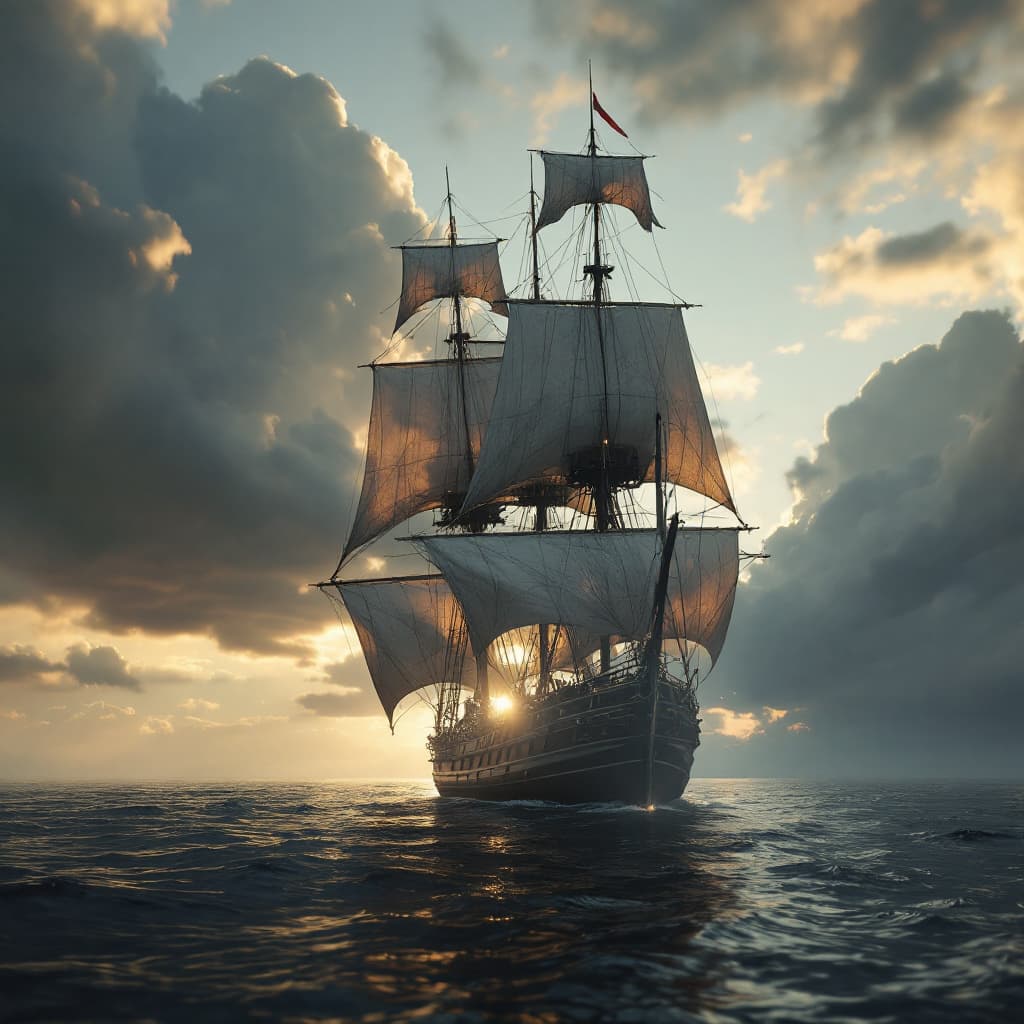 AI generated: Photo of a ultra realistic sailing ship, dramatic light, pale sunrise, cinematic lighting, battered,...