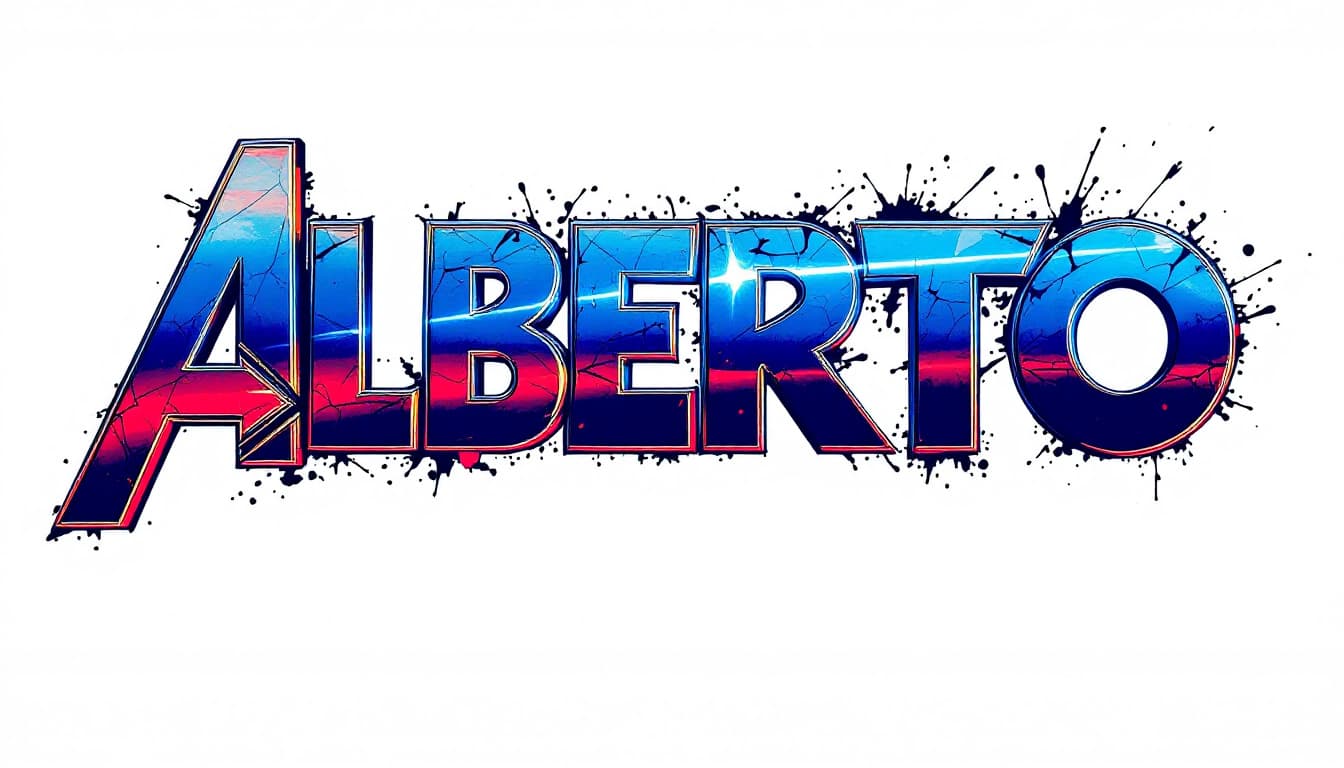 AI generated: Write "ALBERTO" in Marvel Avengers logo and colors using the font and style. use a white background