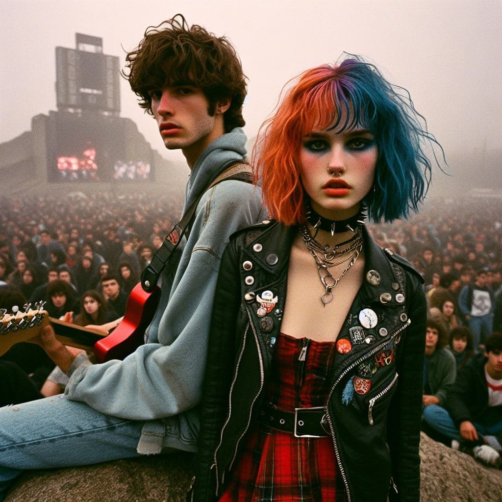 AI generated: At an intense foggy sunset in the gritty streets of 1990 Santiago, a street-style photograph capture...