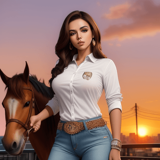 AI generated: Photo of beautiful latin woman, in a white shirt,  with a horse logo and fashion jeans with rhinesto...