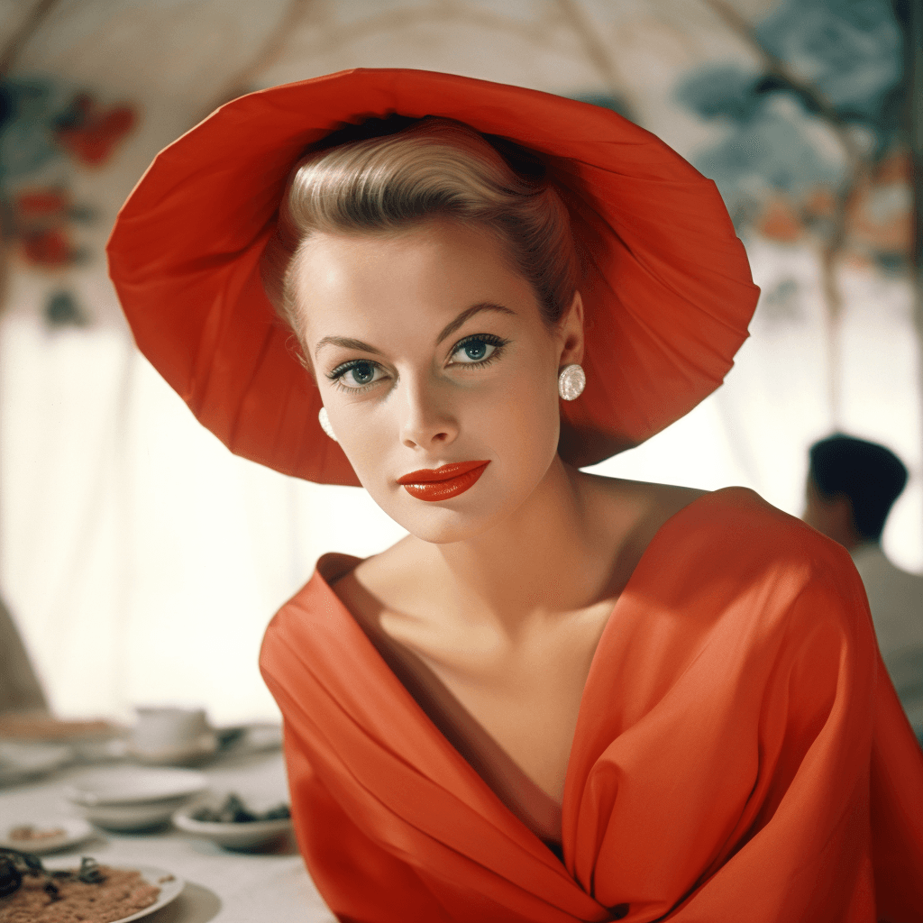 AI generated:  fashion, vogue, high fashion, 1957, by Edmund Blair Leighton, Brom, Charlie Bowater, faces by Tom B...