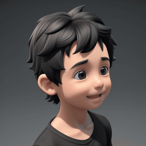 AI generated: small boy, 3D, 4k, black hair, looking ahead, front scene, 3D character, whole body, happy, 
