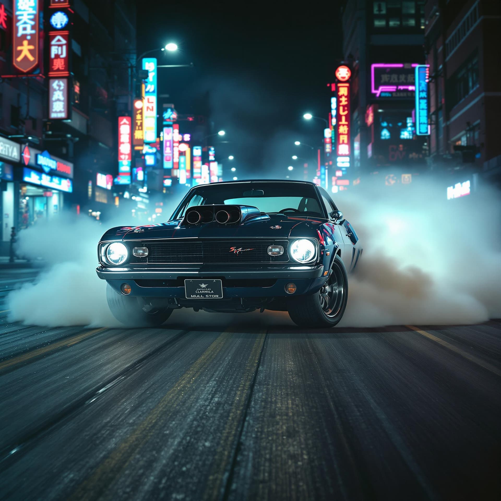 AI generated: Create a dynamic video sequence featuring a classic muscle car performing a burnout in a bustling ci...