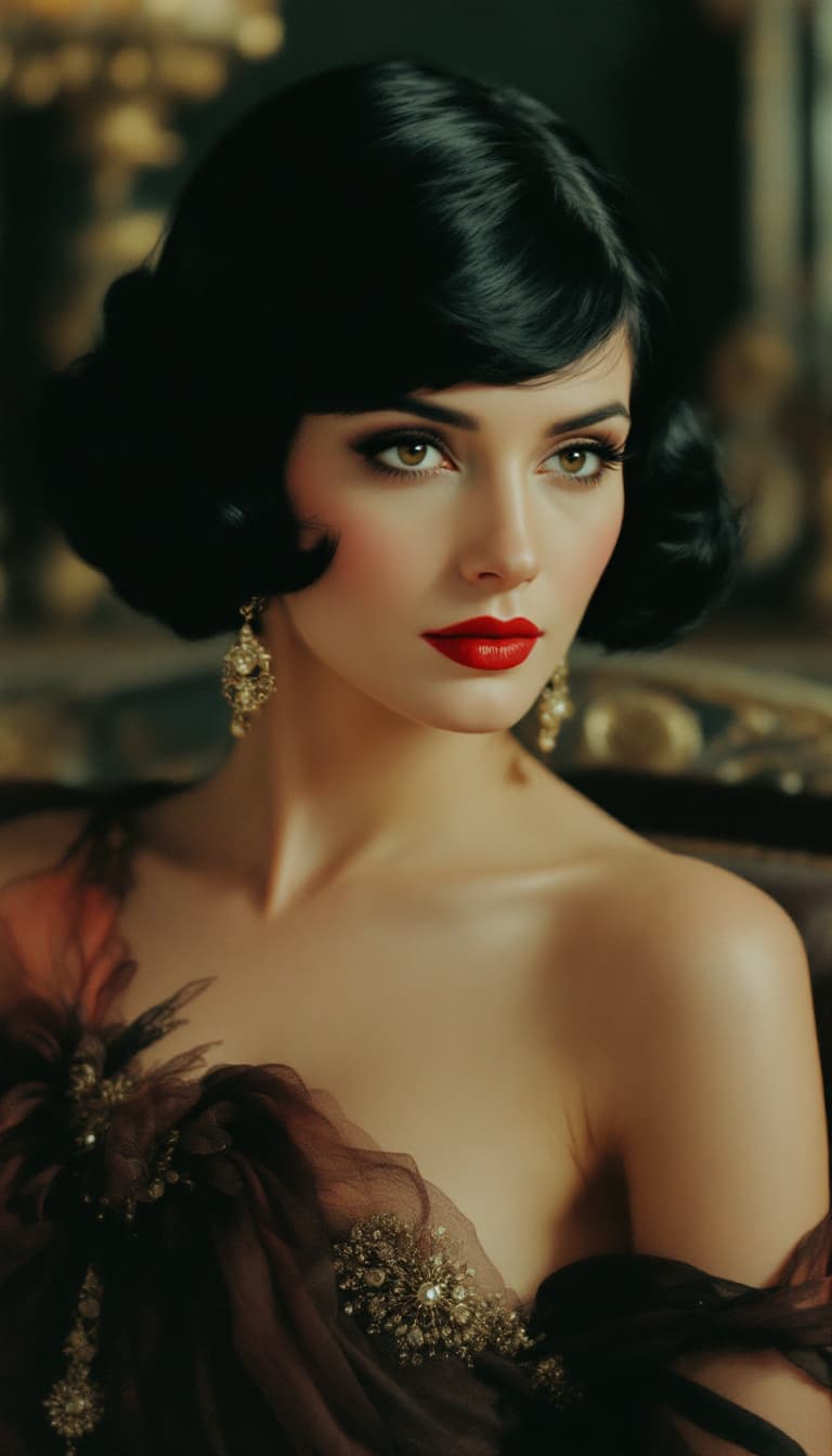 AI generated: analog color film photograph of a 1920s Sophia Loren, luxurious, opulence, short black hair, red lip...