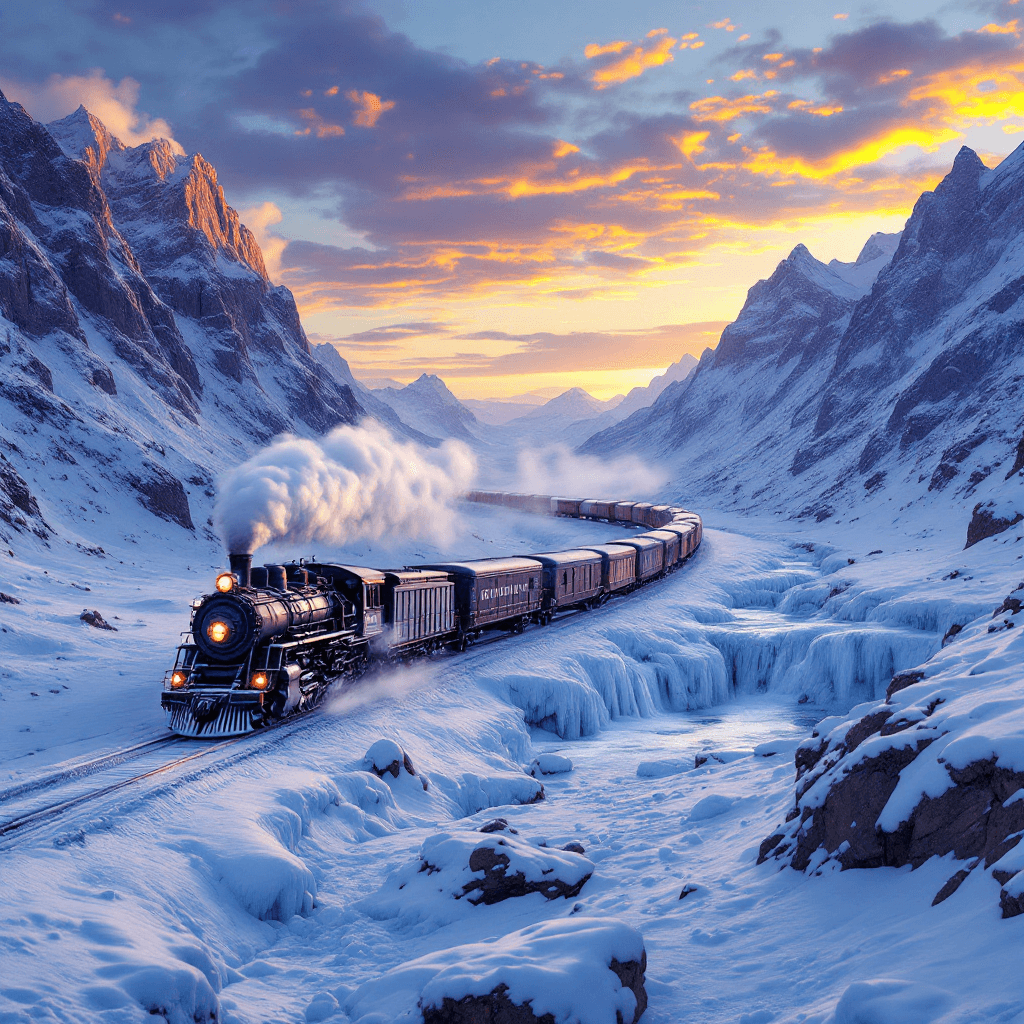 AI generated: An old locomotive pulling several box cars is going through a mountainous area during the winter. Th...