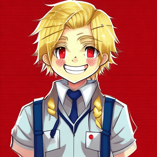 AI generated: Golden blonde hair, Braided, a boy, smiling, bright smile, School uniform, Red eyes, simple artstyle...