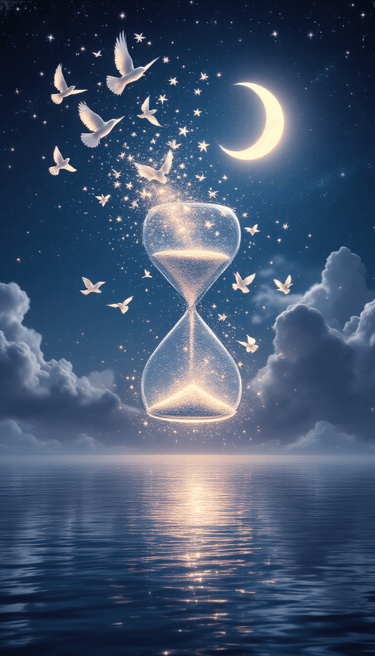 AI generated: [A **surreal, ultra-detailed nighttime scene** featuring a **celestial hourglass suspended in the st...