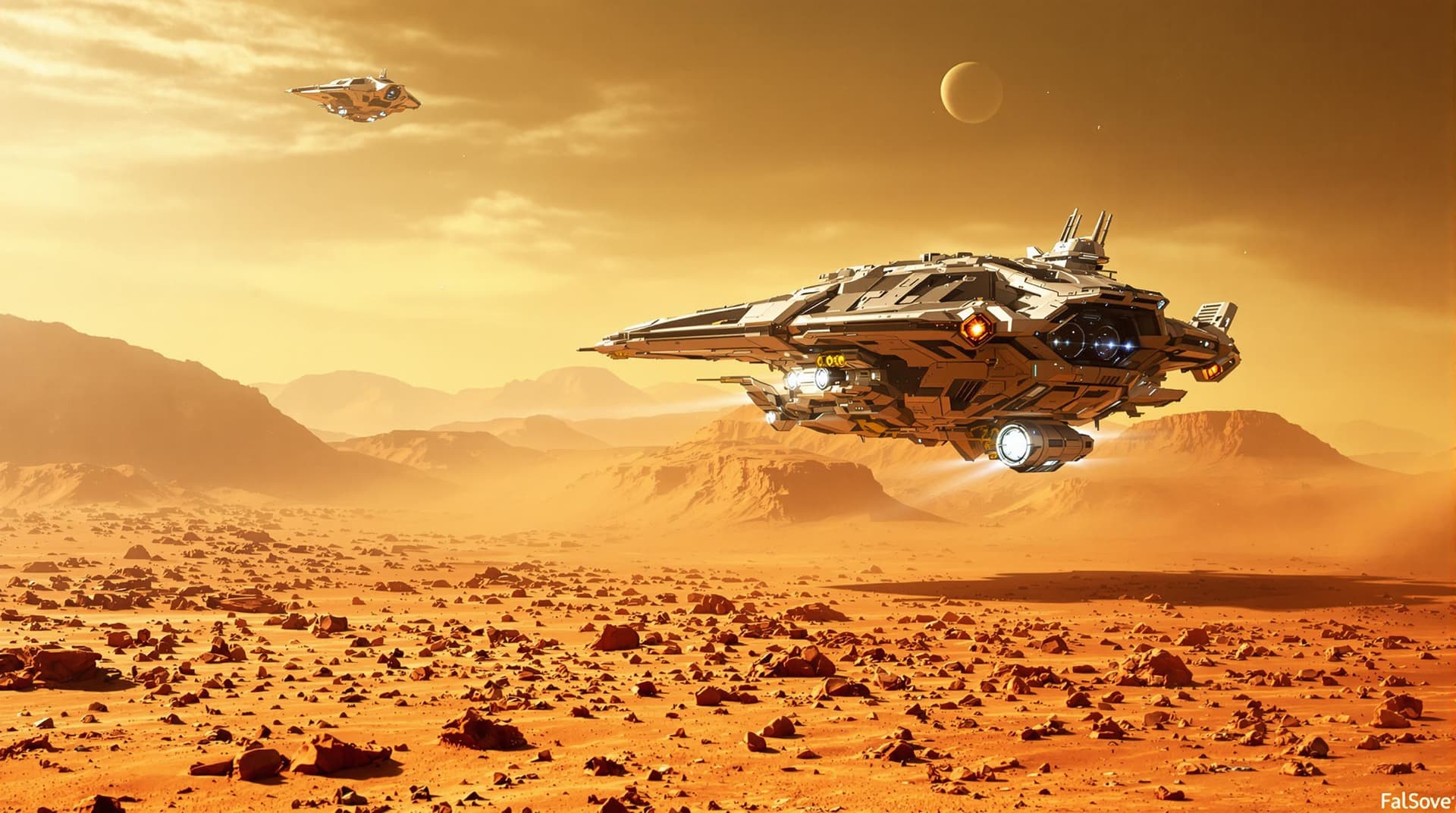 AI generated: A scene of a spaceship landing on an alien planet. In the style of a science fiction movie, with a f...