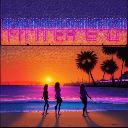 AI generated: lite brite art of people being outdoors on a beach, in the style of colorful cityscapes, california ...
