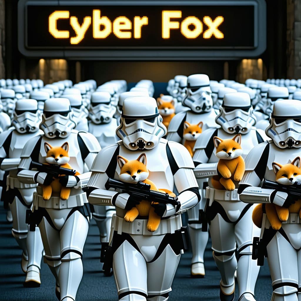 AI generated: An army of storm troopers holding stuffed foxes marching, muted colors, photorealistic, cinematic, c...