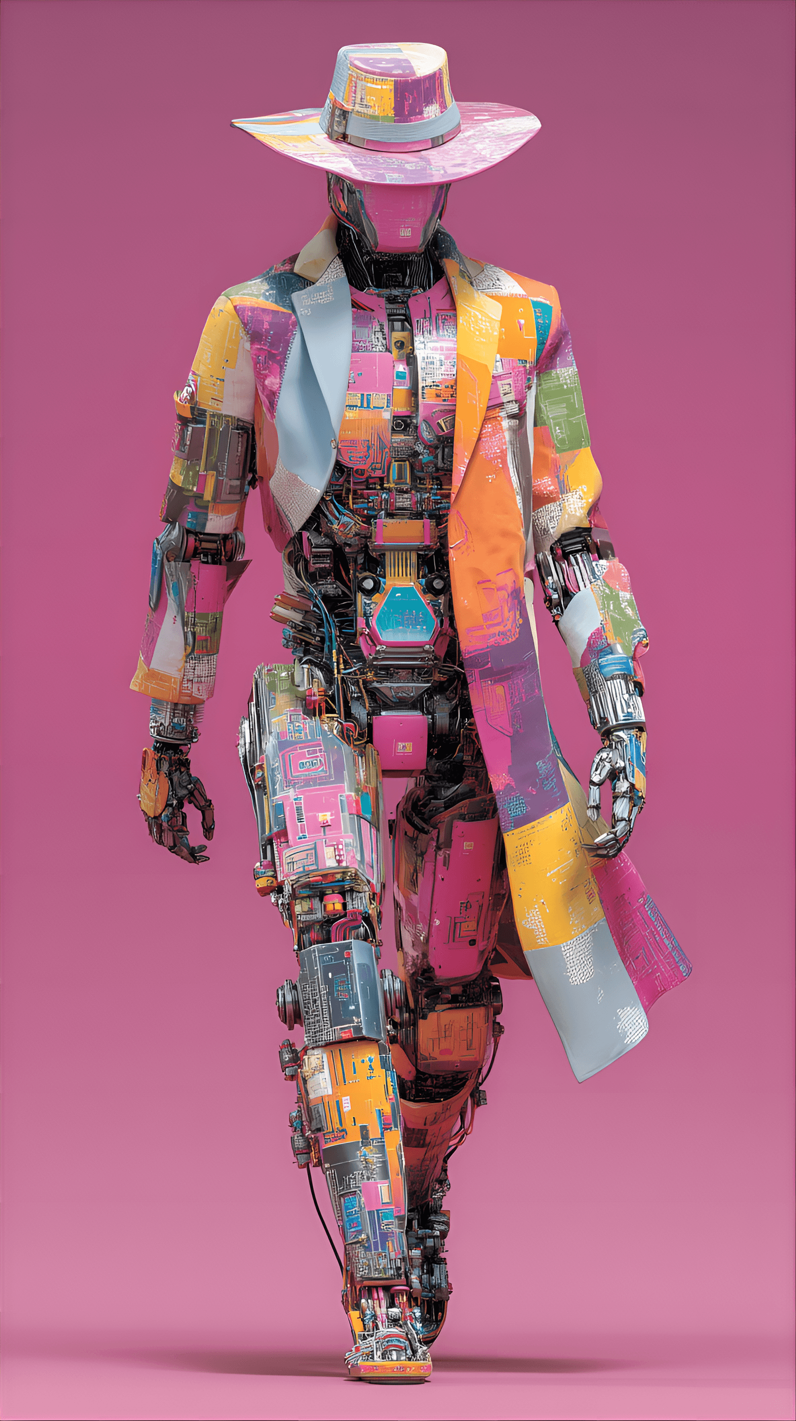 AI generated: brightly colored, futuristic humanoid robot, centered in the frame, is depicted in a full-body view....