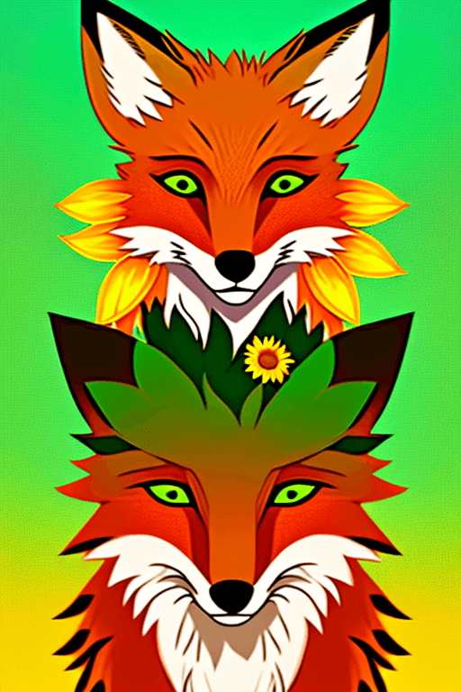 AI generated: stylized digital art portrait of a fox with short spiky hair, holding a sunflower, he has deep green...