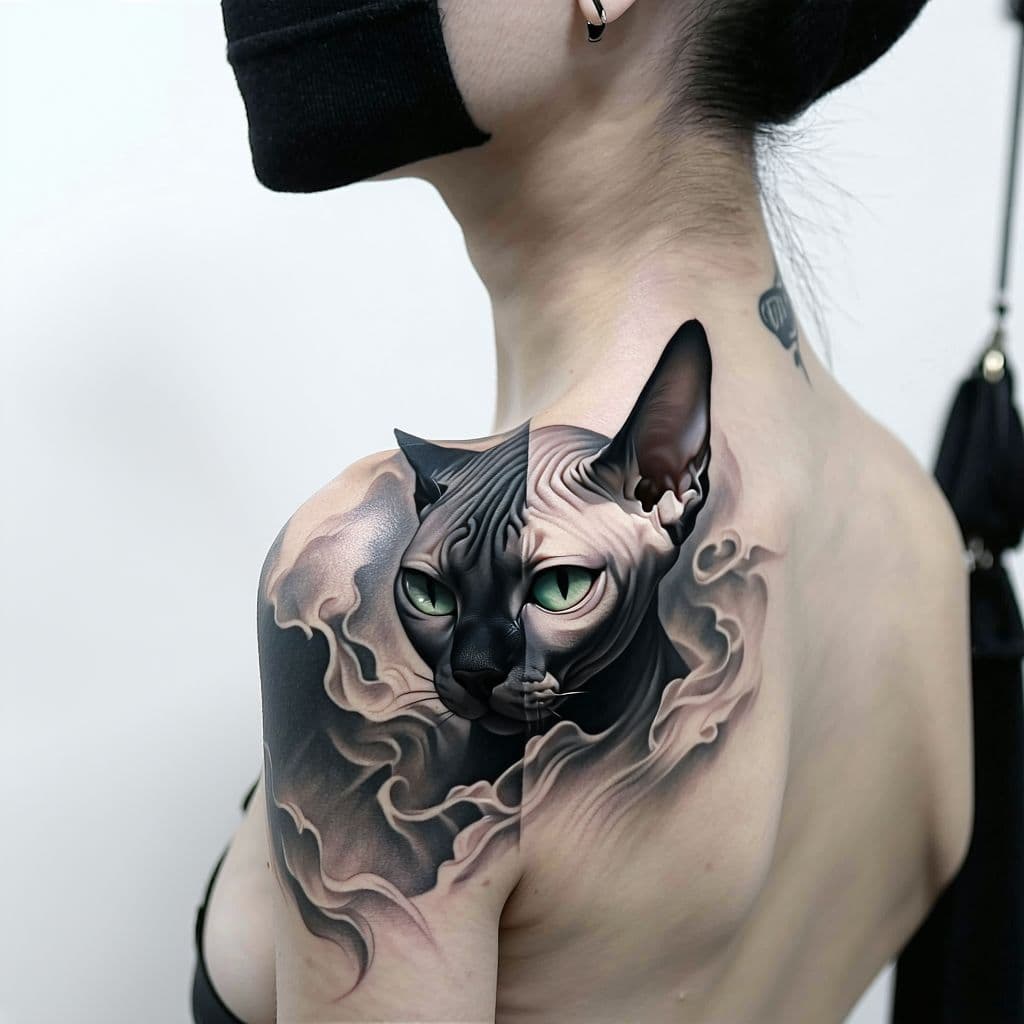 AI generated: A black and white tattoo on a shoulder, featuring a Sphynx cat with half of its face in mist, one gr...