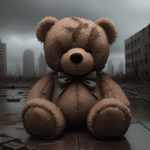 AI generated: Photo of a gloomy ruined city, close-up of a teddy bear