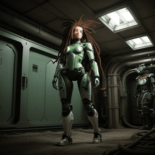 AI generated: Hyper realistic eye level exterior photo of a 2D Animation of a freckled woman with long green dread...