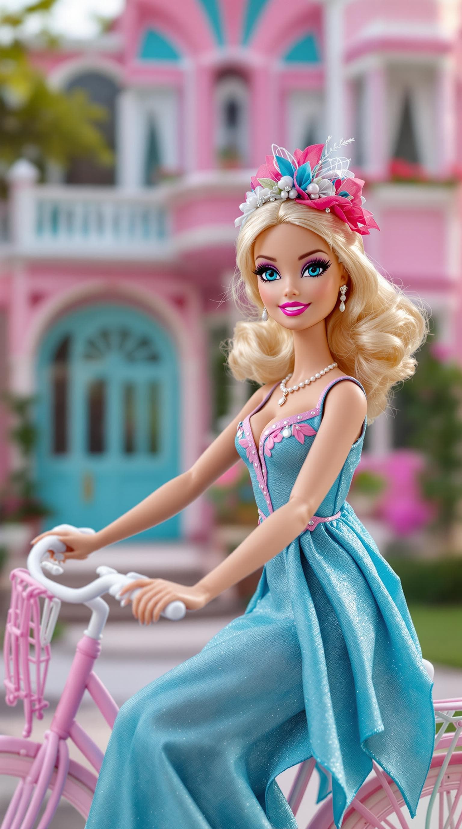 AI generated: photo, 18 year old barbie doll wearing art deco clothing sitting on a bicycle in front of her art de...