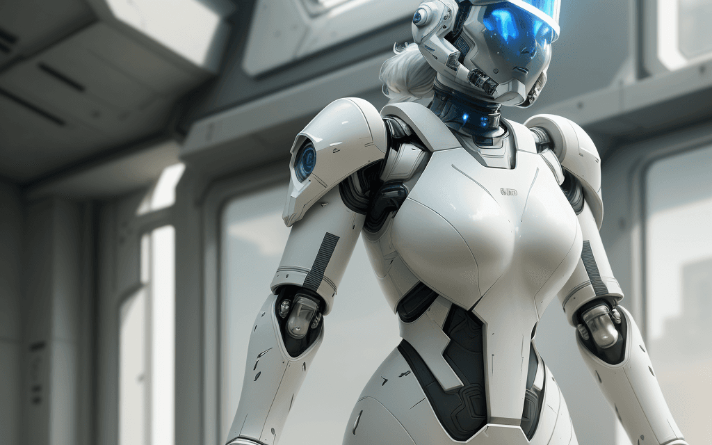 AI generated: white sci-fi female armor with cybernetic helmet, full armor, insulated armor, spacesuit, lots of fi...