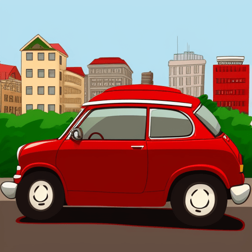 AI generated: red car in a small city, cartoon style