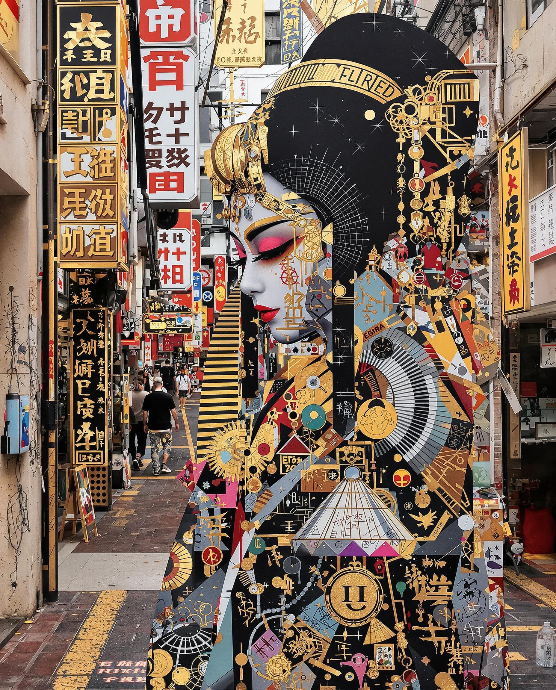 AI generated: op art, geisha, with hyper-arabic Egyptian style girl in dynamic posture, female model in street of ...
