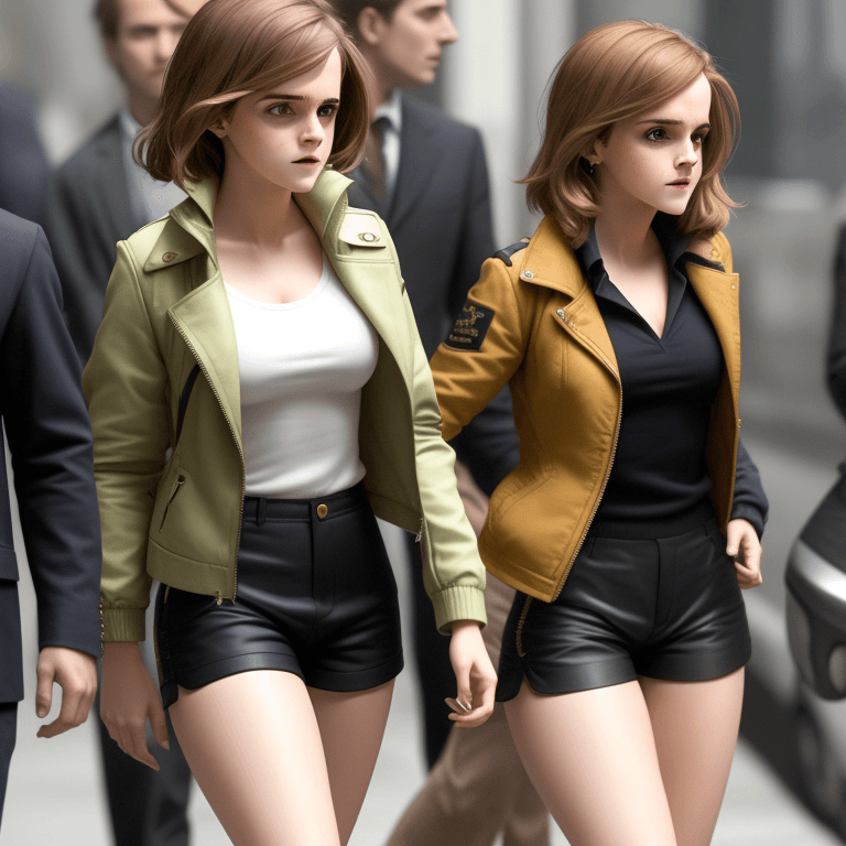 AI generated: ((Busty)) Emma Watson in jacket and tight shorts 