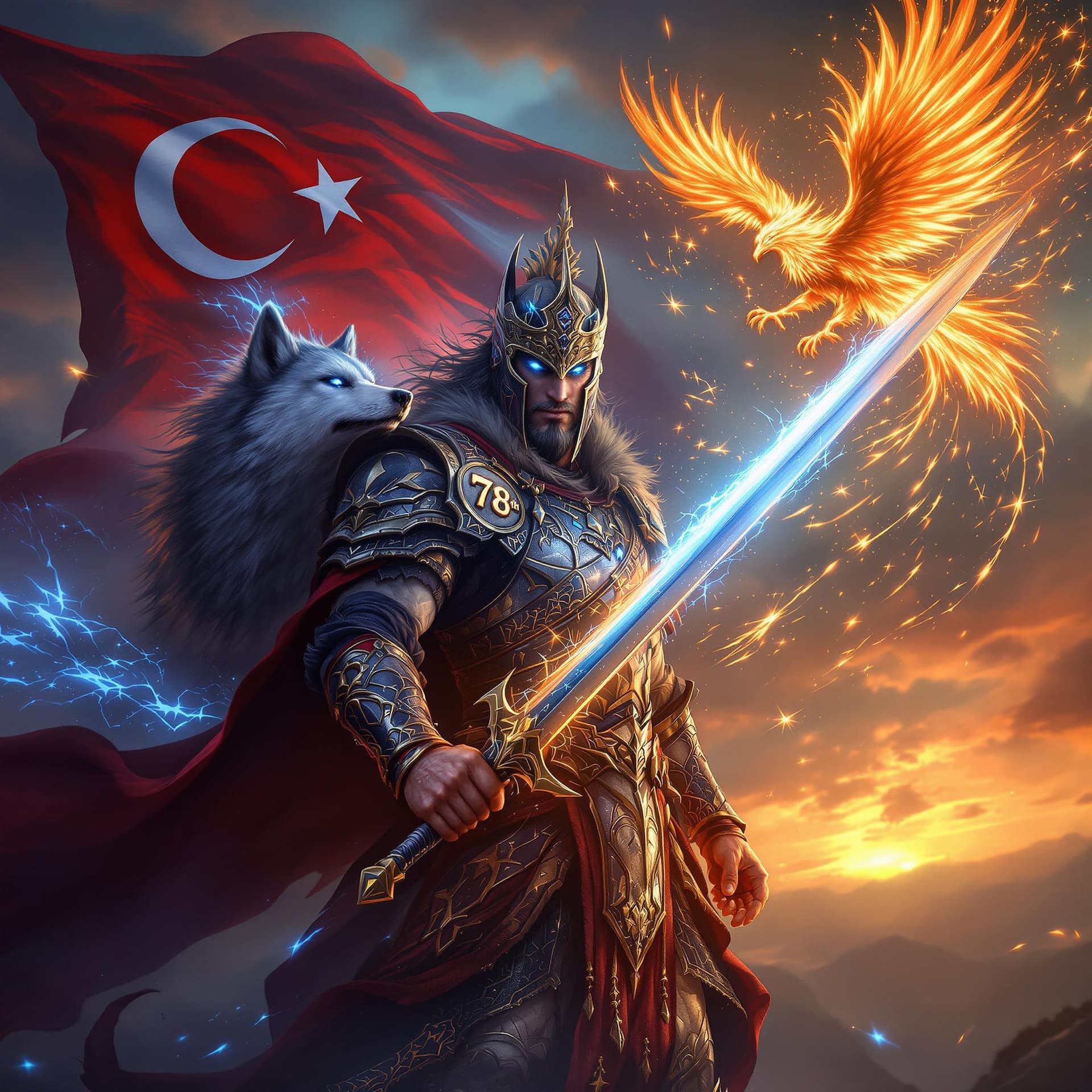 AI generated: A fierce Turkish warrior clad in traditional armor inspired by ancient Turkish mythology, holding a ...