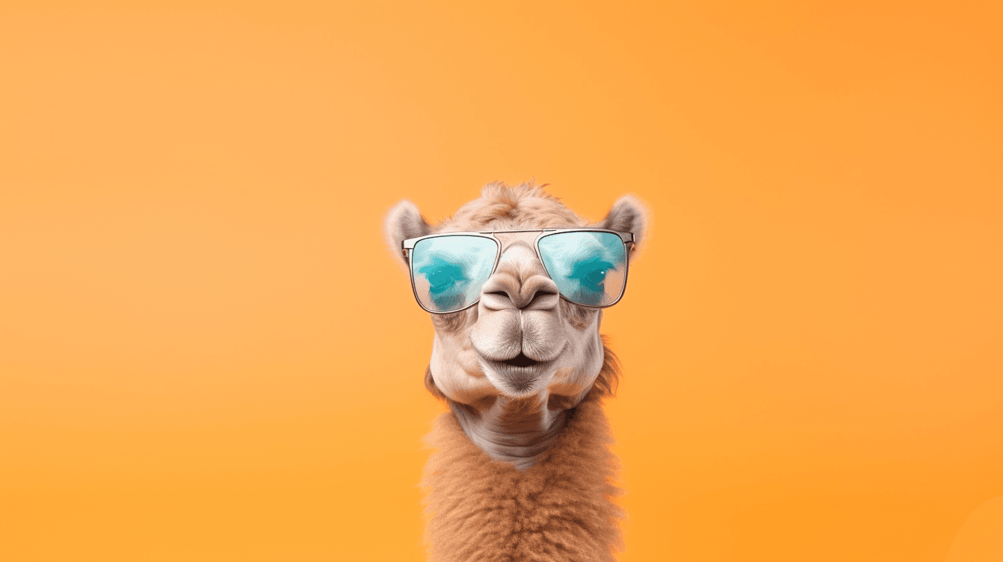 AI generated: Camel in sunglass shade glasses isolated on solid pastel background --ar 16:9 --v 5.1
