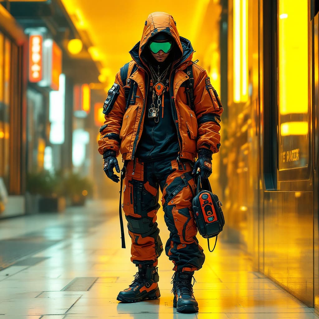 AI generated: cyberpunk GTA CHARACTER,  techwear streetwear look and clothes, we can see them from feet to head, h...