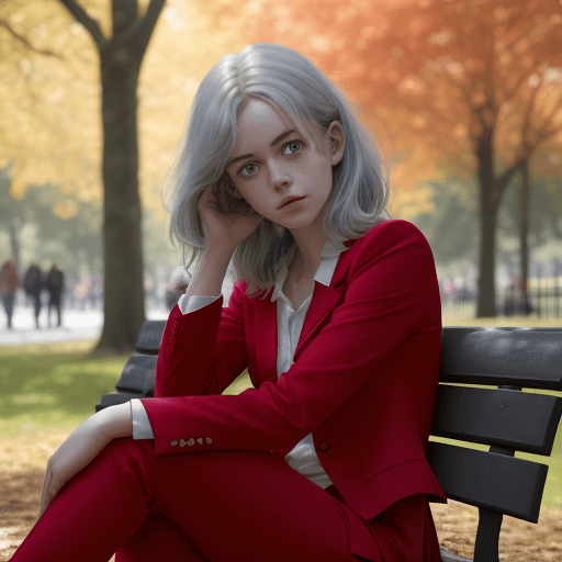 AI generated:  girl in red suit sitting on a bench in the park, very bright and sunny, autumn, watching children p...