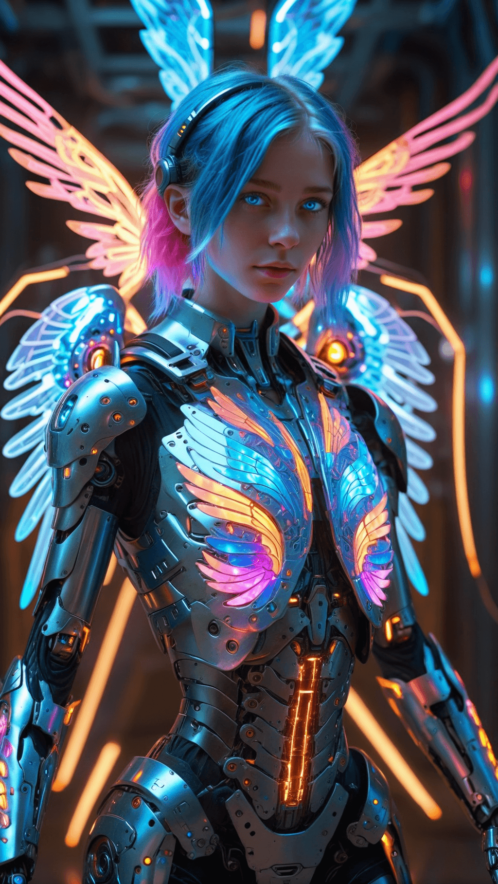 AI generated: Ultra-detailed cyborg in a spaceship ((blue eyes wonderfully detailed )), with anthropomorphic cyber...