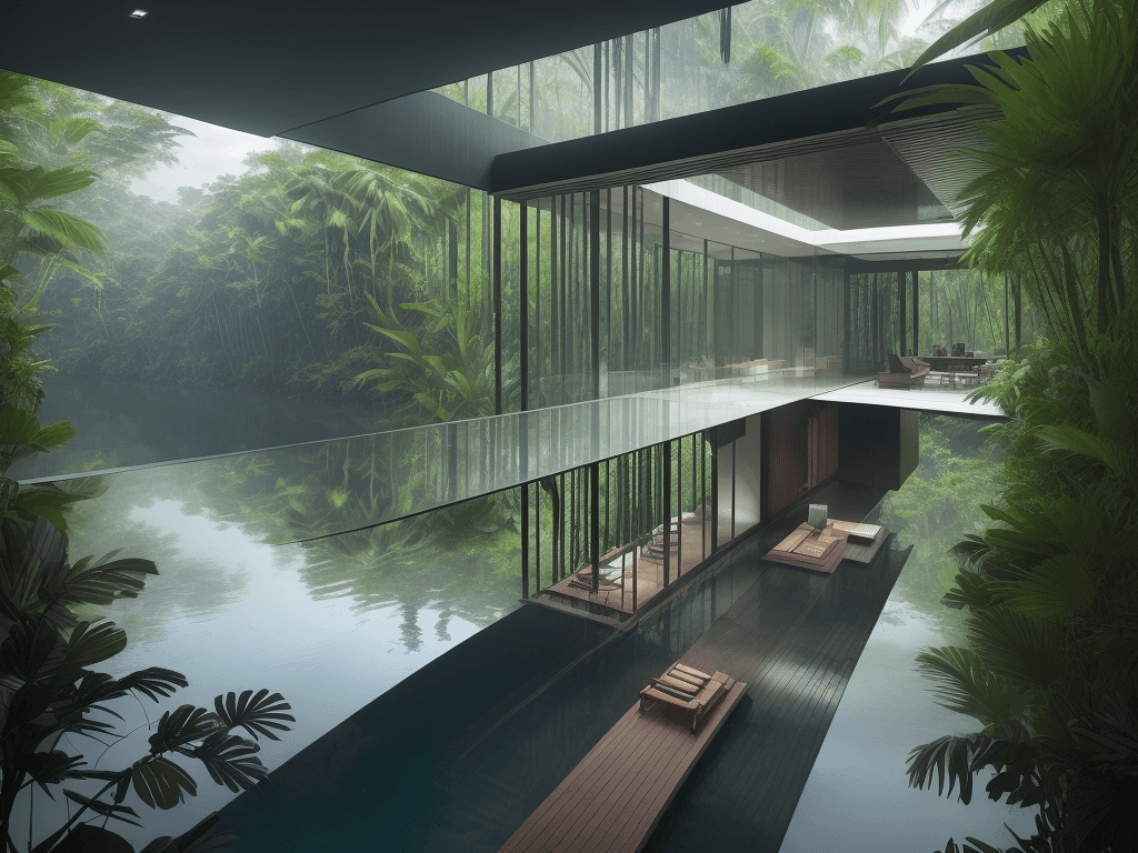 AI generated: Picture a sleek, modern residence seemingly floating above a jungle river. Describe the innovative a...