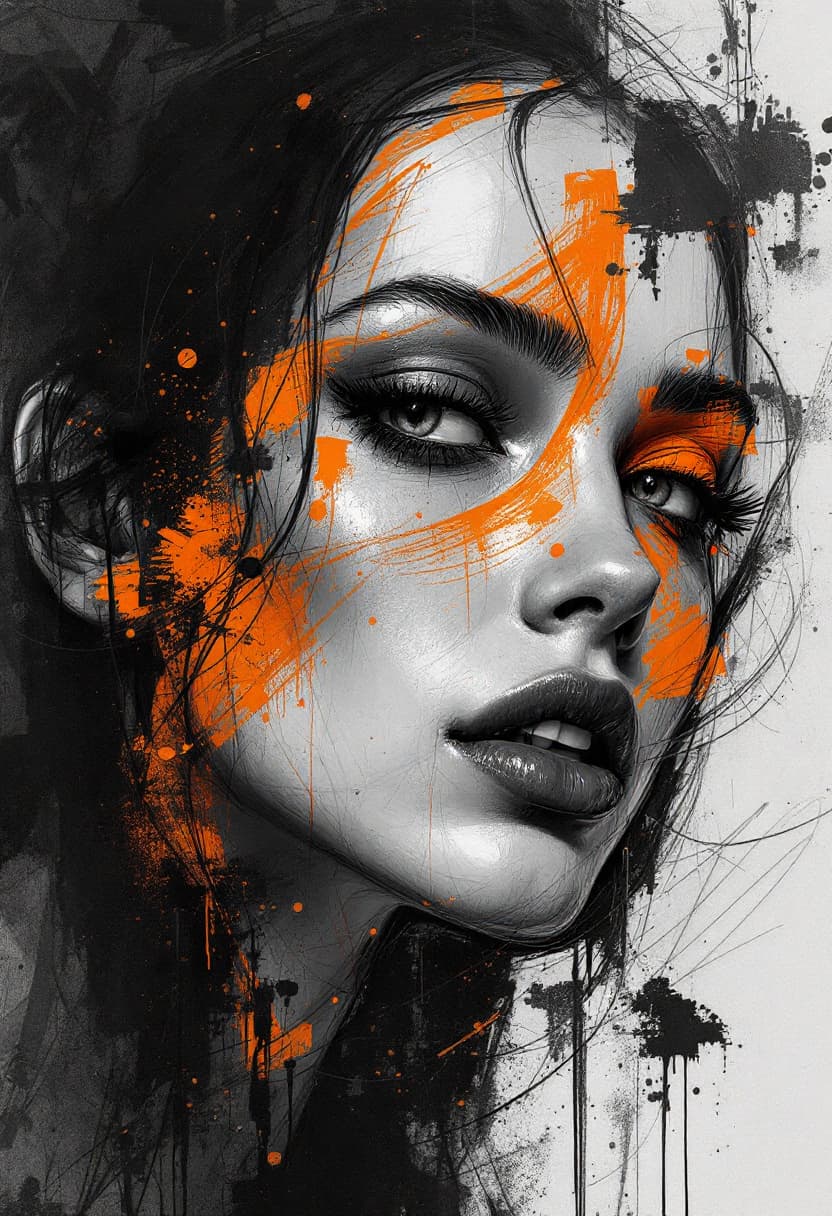 AI generated: Female face sketch, expressive lines in a beautiful portrait style. Black and white and orange still...