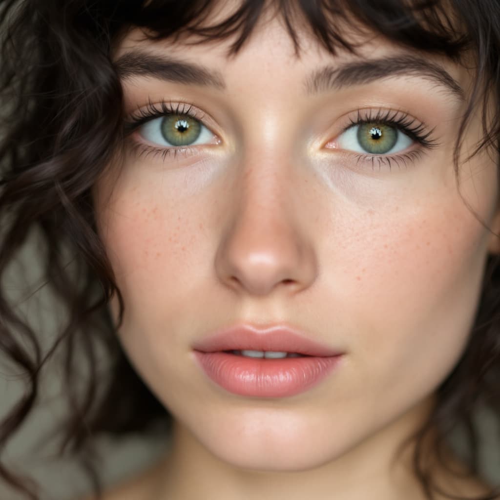AI generated: Close-up portrait of a woman with green eyes, soft features, and dark curly hair with loose bangs an...