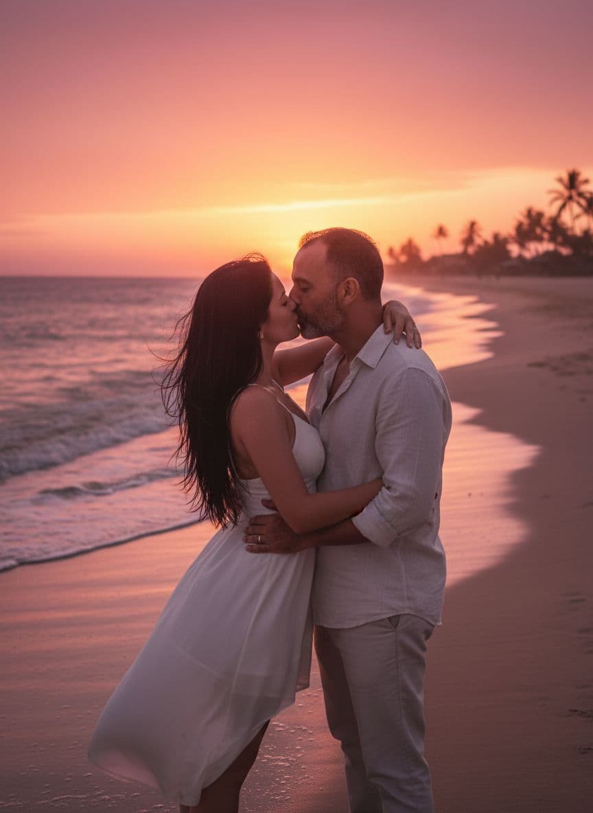 AI generated: Male them kissing on a beach sunset 