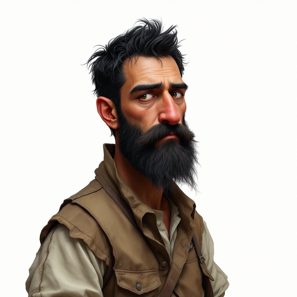 AI generated: Human artificer early thirties, black hair short beard, no mustache, very large nose, 5 feet tall, r...