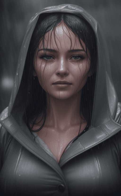 AI generated: A beautiful lady in heavy rain, close up on wet face, warm light, 32k UHD, highly details